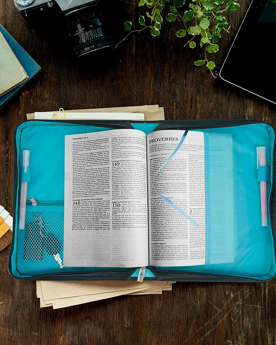 Blue PU Leather Durable Zipper Bible Bag Carrying Case