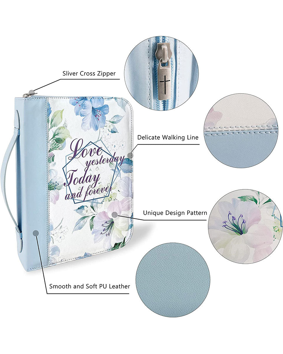 Baby Blue Floral PU Leather Durable Zipper Bible Bag Carrying Case