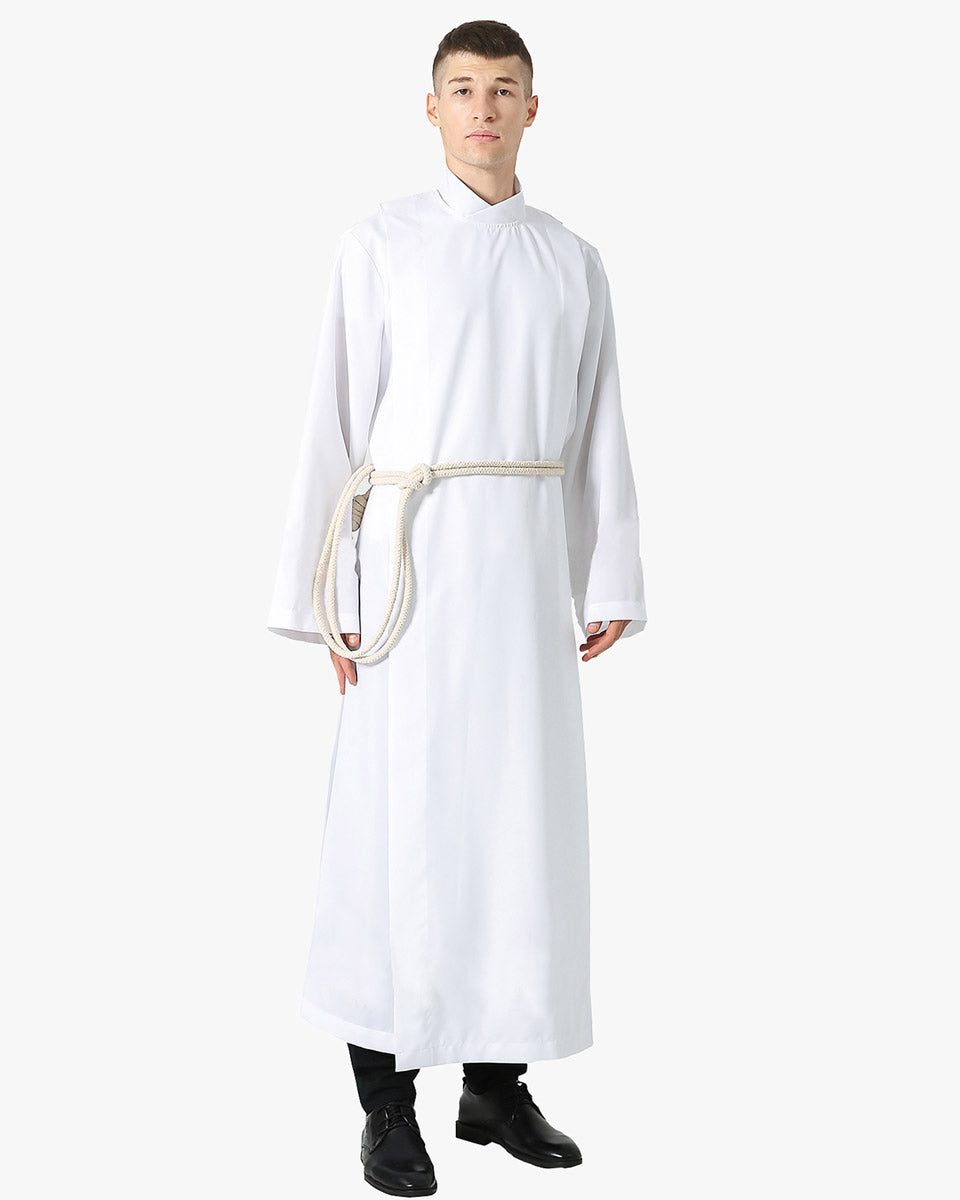 Front Wrap White Clergy Cassock Alb with Cotton Cincture