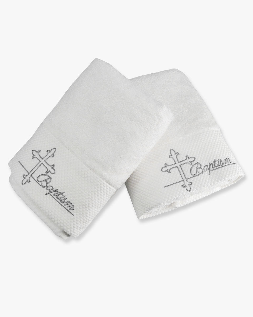 White Baptismal Cotton Towel with Silver Embroidered Cross - Pack of 2