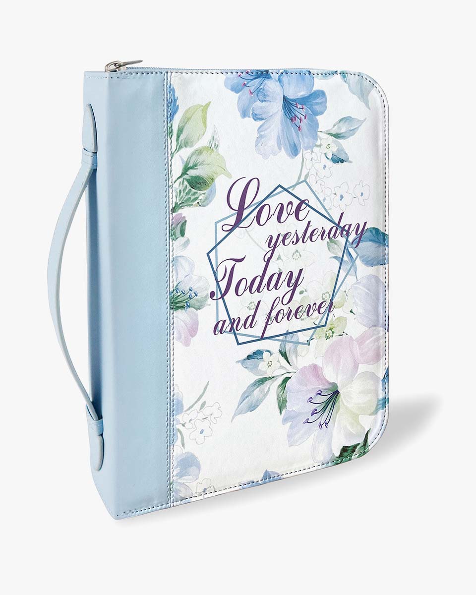 Baby Blue Floral PU Leather Durable Zipper Bible Bag Carrying Case