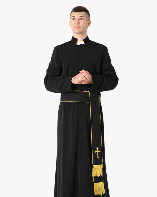 Black Roman Cassock and Band Cincture with Cross Package