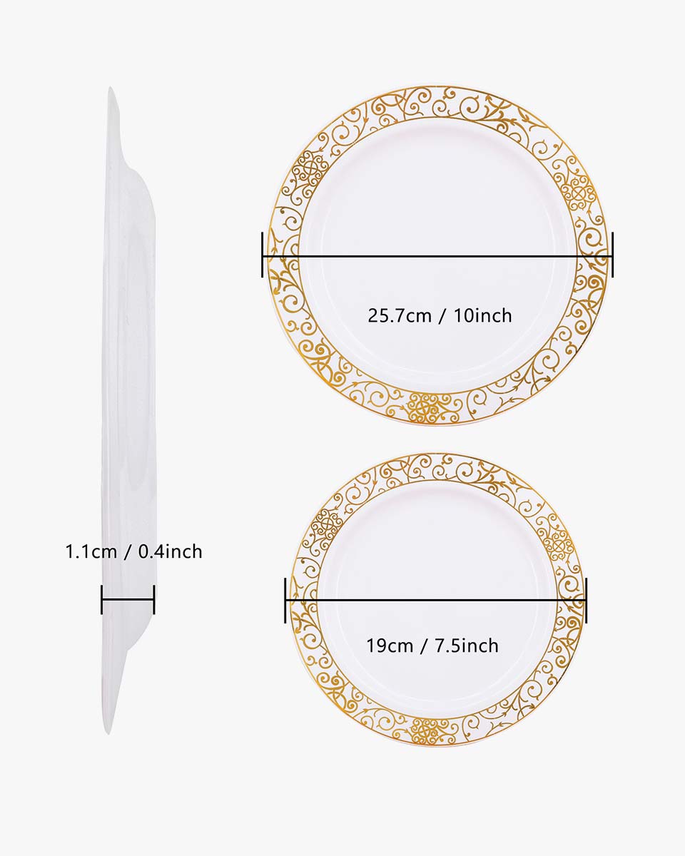 50 Pieces Disposable Dinner-Dessert Plastic Plates with Gold Lace Pattern for Wedding or Party Guests