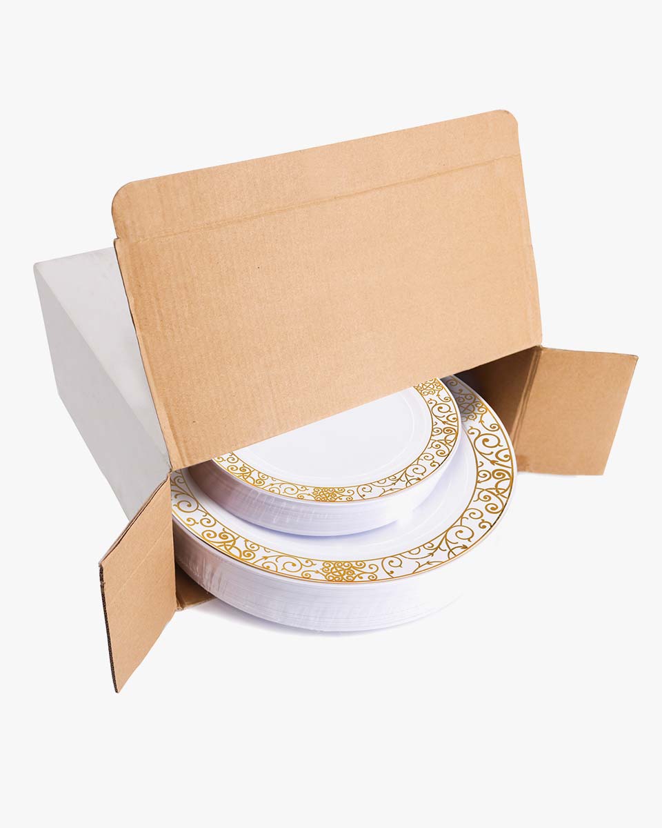 50 Pieces Disposable Dinner-Dessert Plastic Plates with Gold Lace Pattern for Wedding or Party Guests