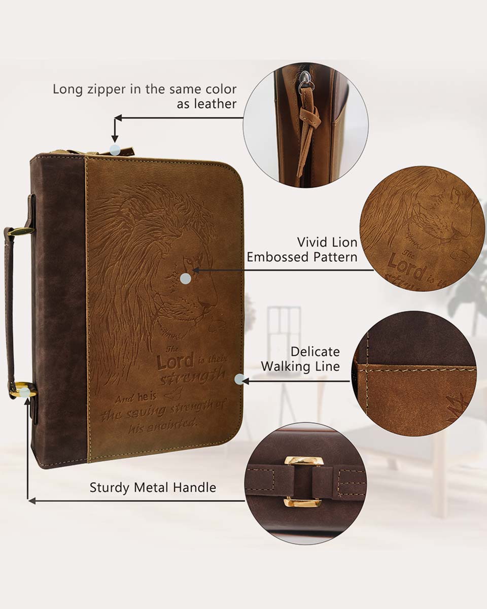 PU Leather Classic Lion Bible Cover Scripture Case with Handle Pocket – 2 Colors Available