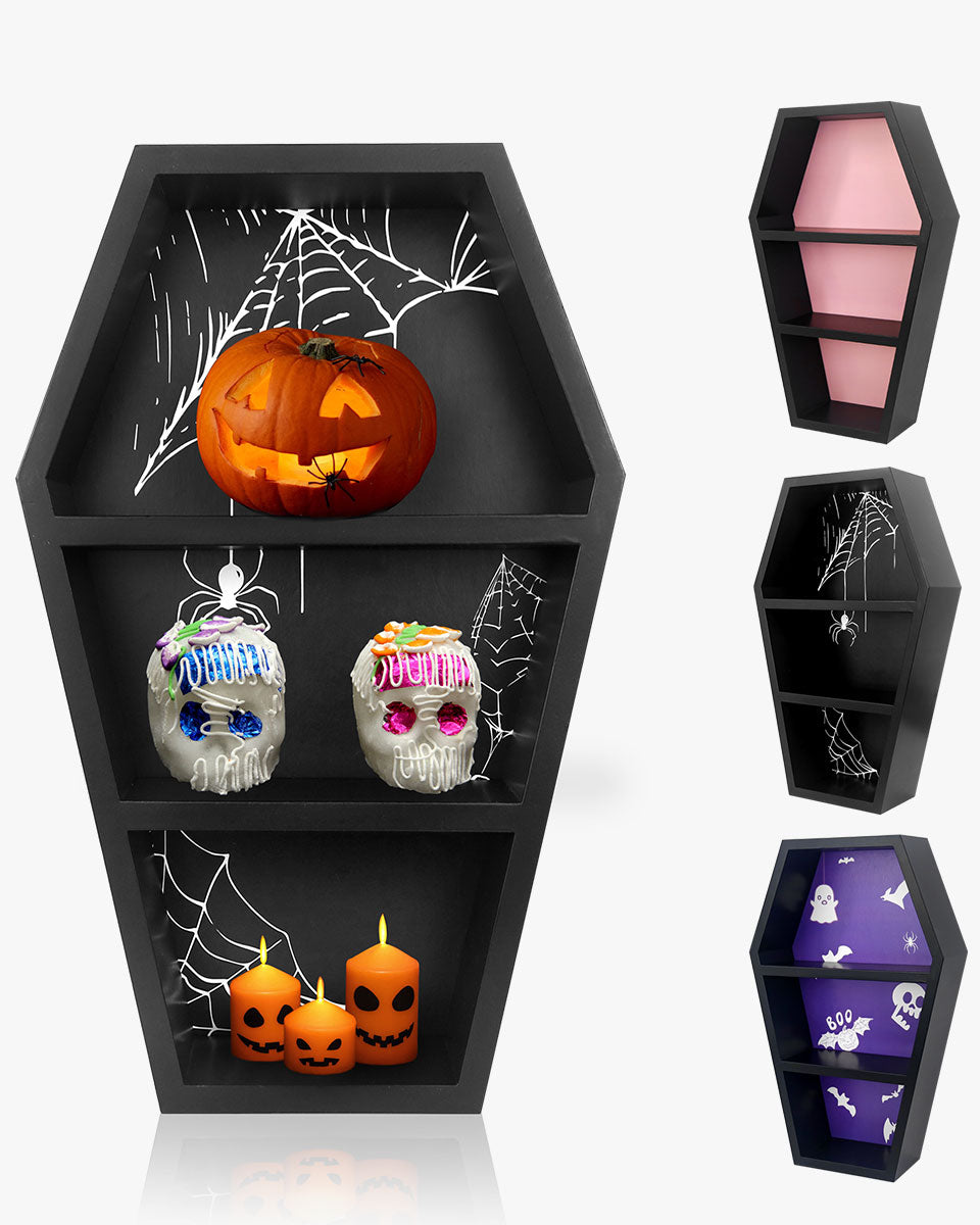 Black Wooden Goth Decor Coffin Shelf Shadow Box for Halloween with 3 Styles Backboard