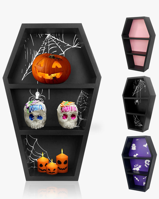 Black Wooden Goth Decor Coffin Shelf Shadow Box for Halloween with 3 Styles Backboard