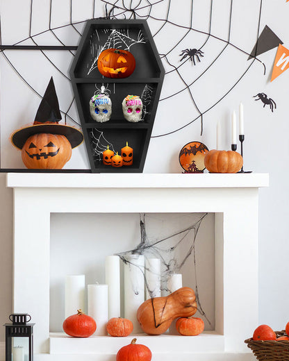 Black Wooden Goth Decor Coffin Shelf Shadow Box for Halloween with 3 Styles Backboard