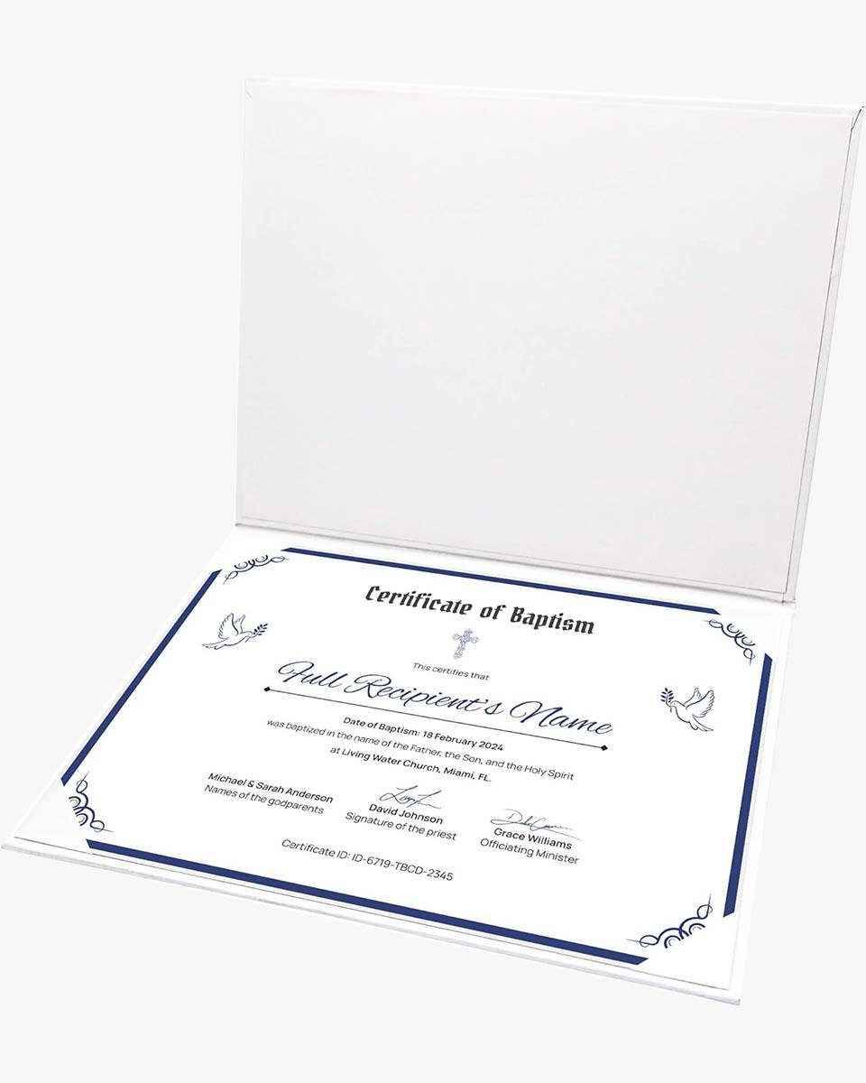 White Baptism Certificate Cover for 8.5x11 Imprinted Padded Certificate