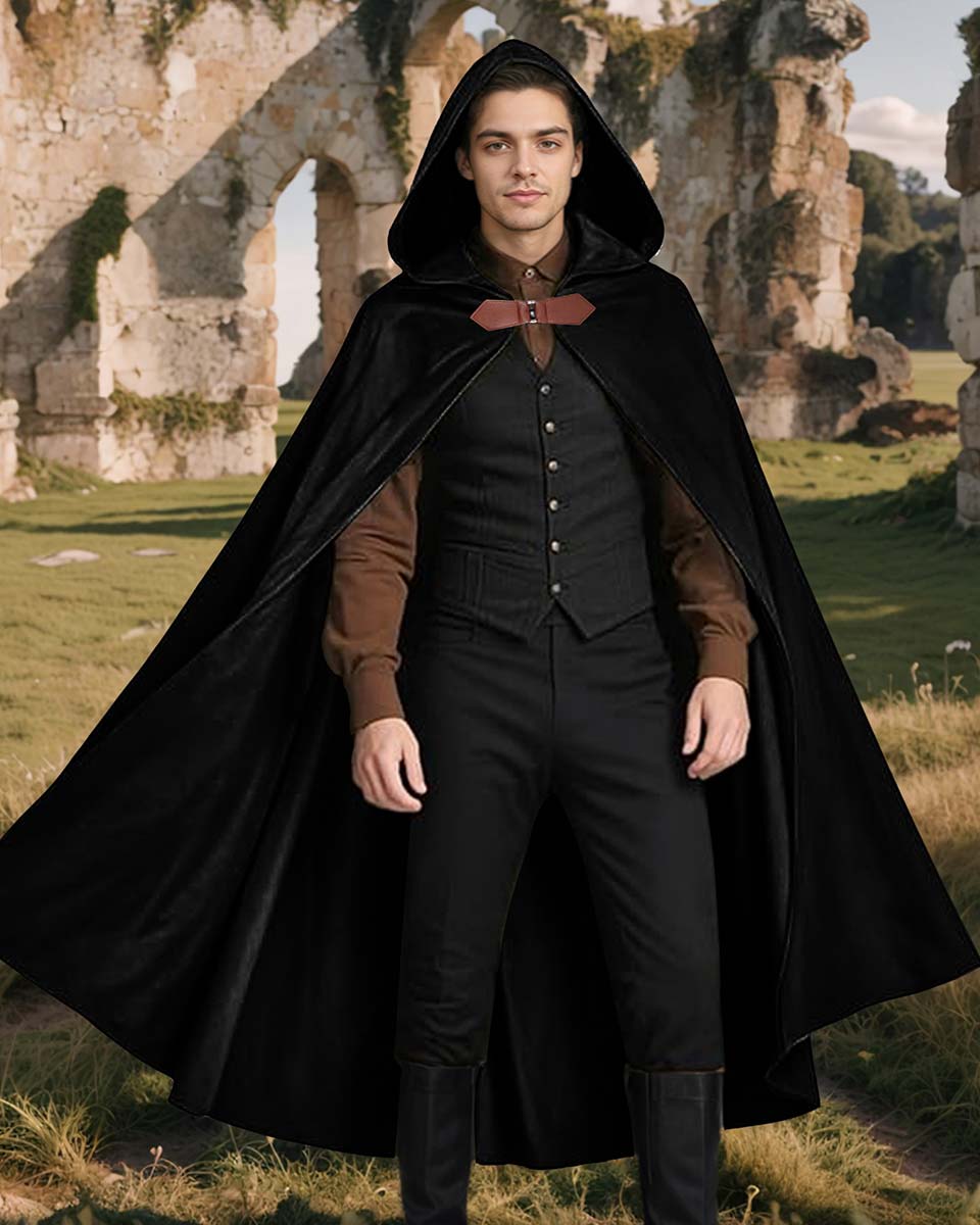 Medieval Renaissance Velvet Hobbit Cloak with Hood for Halloween Cosplay Costume - 2 Colors Available