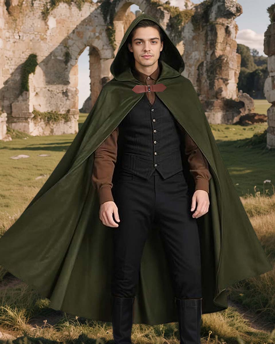 Medieval Renaissance Velvet Hobbit Cloak with Hood for Halloween Cosplay Costume - 2 Colors Available