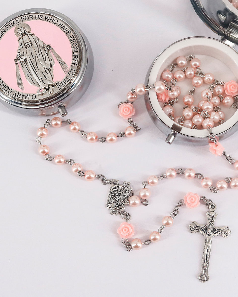 Glass Pearl Beads Catholic Rosary Necklace with Virgin Mary and Crucifix Rosary – 2 Colors Available