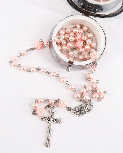 Glass Pearl Beads Catholic Rosary Necklace with Virgin Mary and Crucifix Rosary – 2 Colors Available