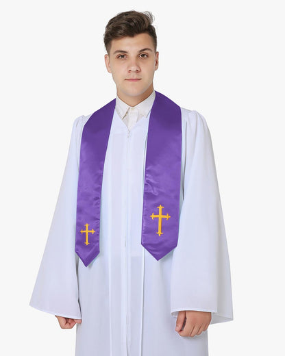 Traditional Choir Stole with Embroidery Cross - 5 Colors Available