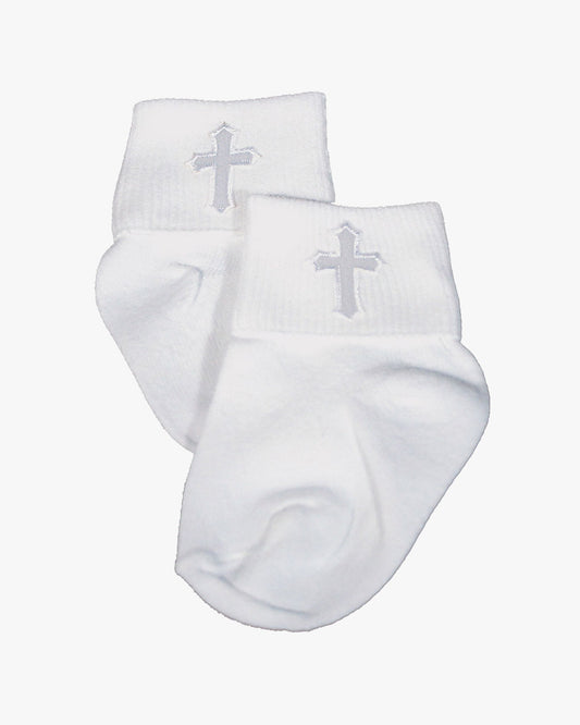 White Anklet with Embroidered Cross Applique Christening Sock