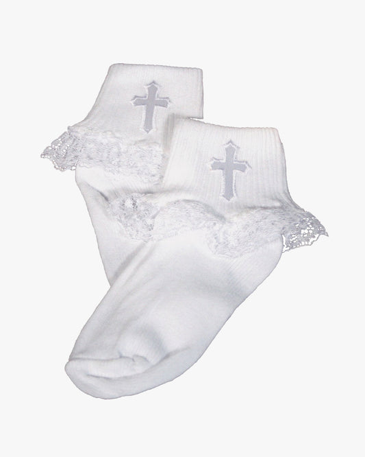 White Anklet with Lace & Embroidered Cross Applique Christening Sock