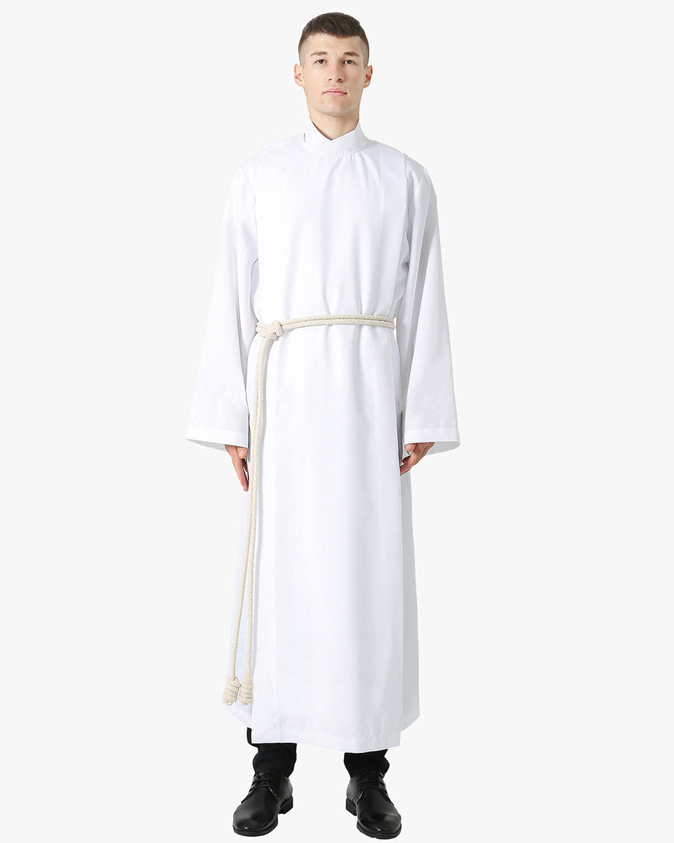 Front Wrap White Clergy Cassock Alb with Cotton Cincture
