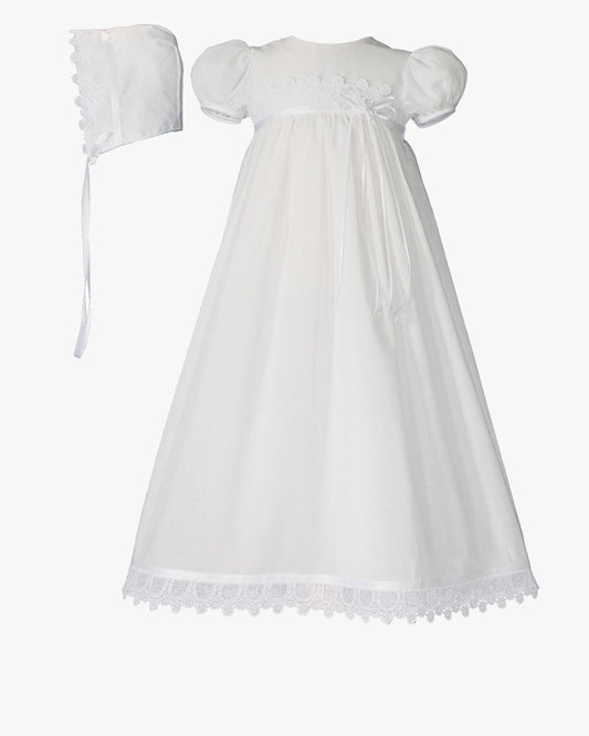 Cotton Christening Dress with Intricate Italian Lace and Ribbon