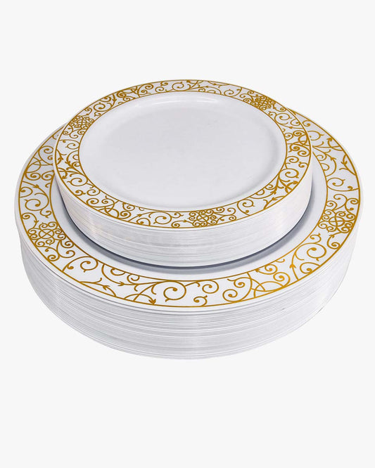 50 Pieces Disposable Dinner-Dessert Plastic Plates with Gold Lace Pattern for Wedding or Party Guests