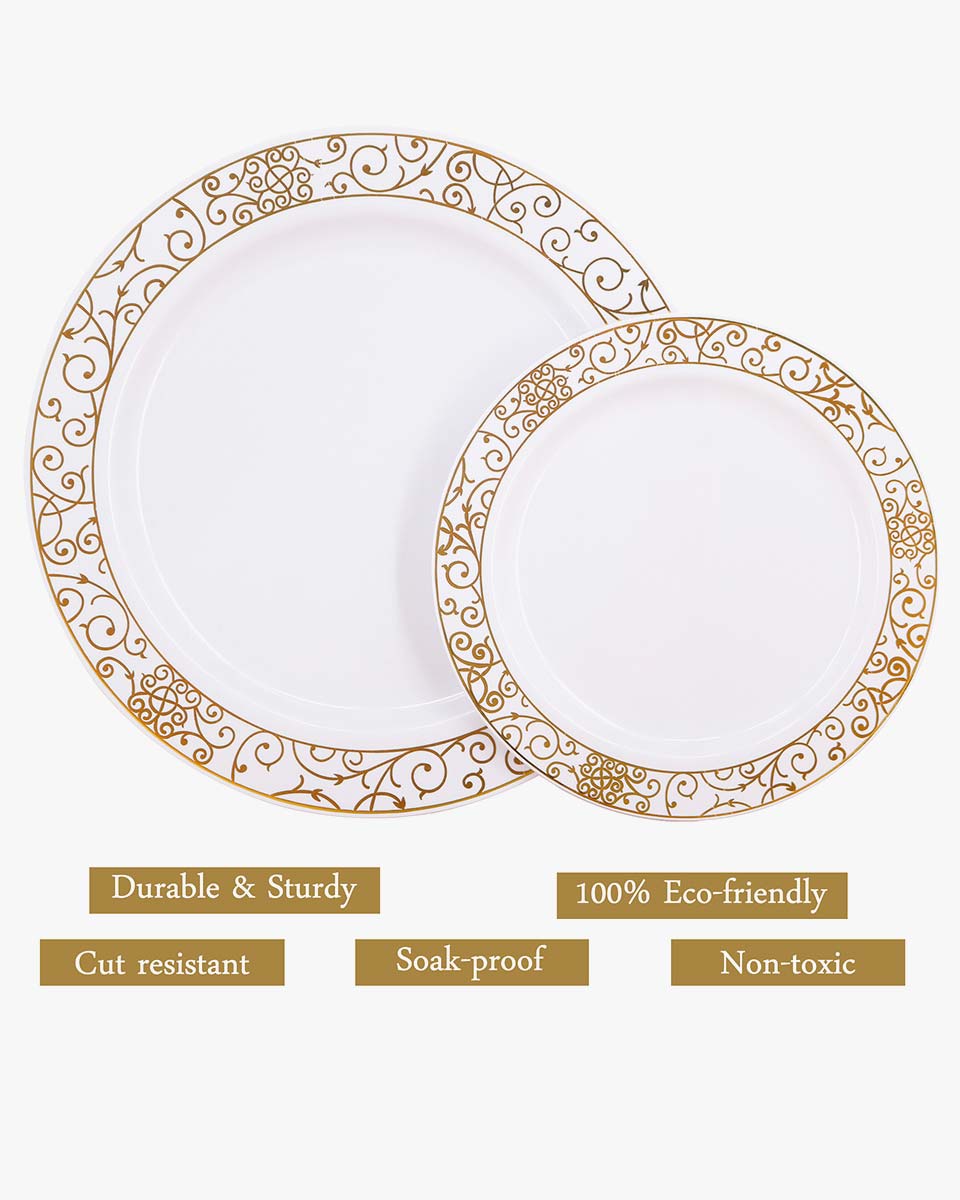 50 Pieces Disposable Dinner-Dessert Plastic Plates with Gold Lace Pattern for Wedding or Party Guests