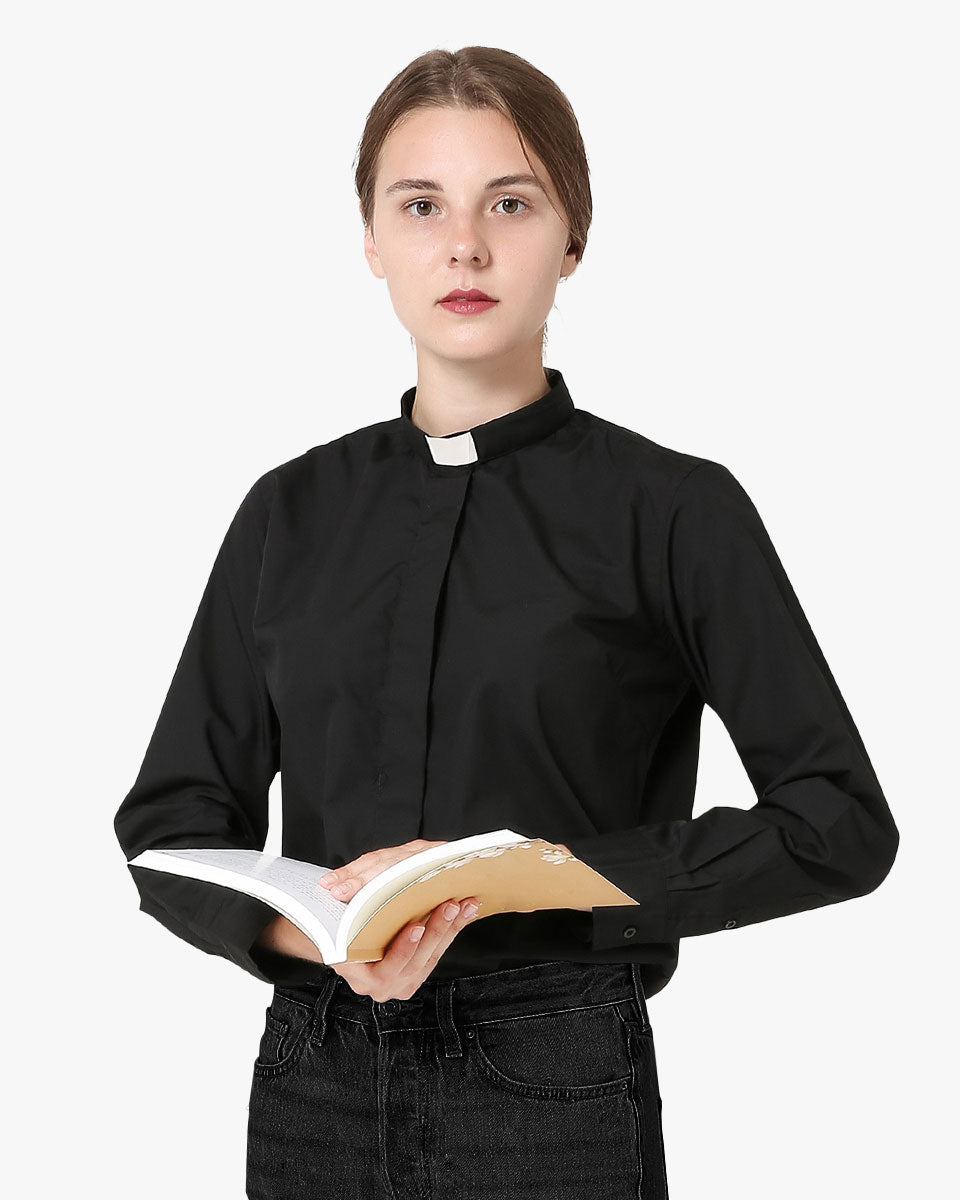 Tab Collar Long Sleeves Women Clergy Shirt - Black