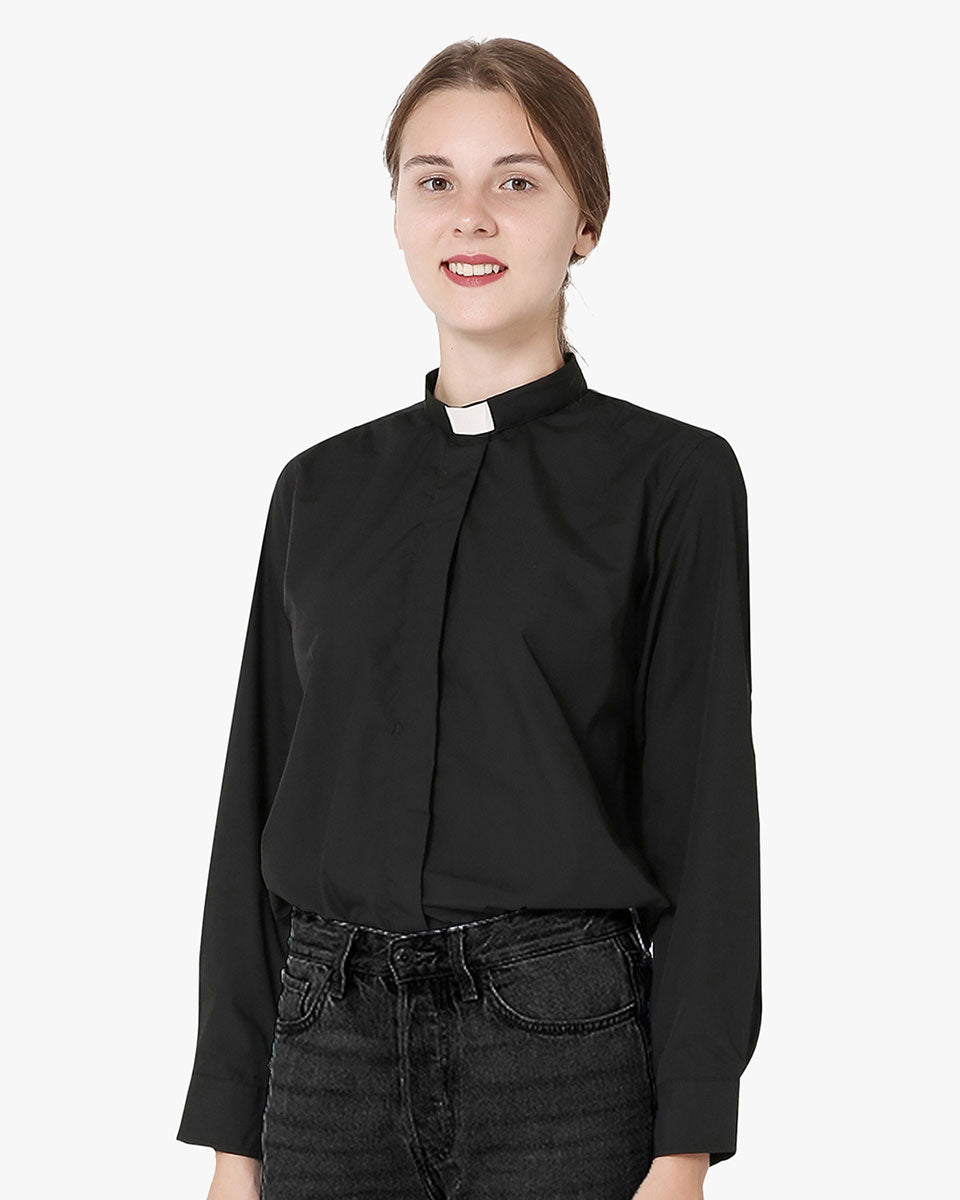 Tab Collar Long Sleeves Women Clergy Shirt - Black